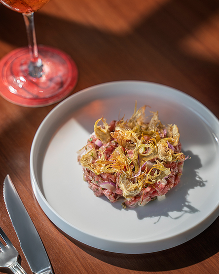 Australian Steak Tartare with artichoke fritti, capers and brown anchovy aioli